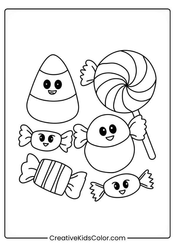 A Collection Of Cute, Smiling Halloween Candies Is Featured, Including A Candy Corn, A Lollipop, And Various Wrapped Sweets. Each Candy Has A Happy Face, Making This A Fun And Playful Coloring Page Perfect For Children. The Simple Lines Make It Easy To Color.