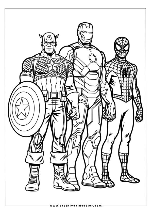 Captain America, Iron Man And Spider-Man Coloring Page