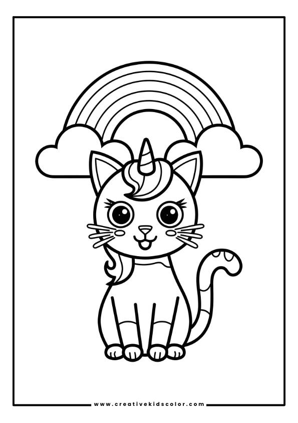 Einhorn Katze Ausmalbild Mit Einer Mischung Aus Katze Und Einhorn, Mit Horn Und Regenbogen Im Hintergrund.
