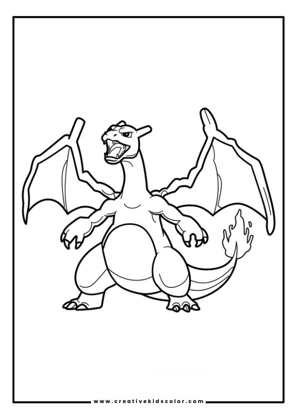 Pokémon Ausmalbild Mit Glurak In Einer Aggressiven Haltung, Mit Ausgebreiteten Flügeln, Scharfen Krallen Und Einem Feurigen Schweif.
