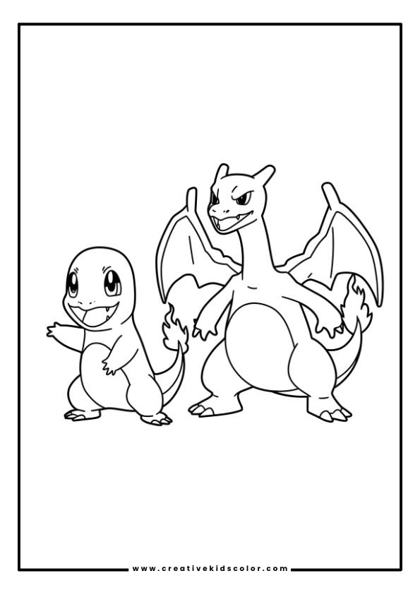 Pokémon Ausmalbild Mit Glumanda Und Seiner Weiterentwickelten Form Glurak, Die Nebeneinander Stehen.
