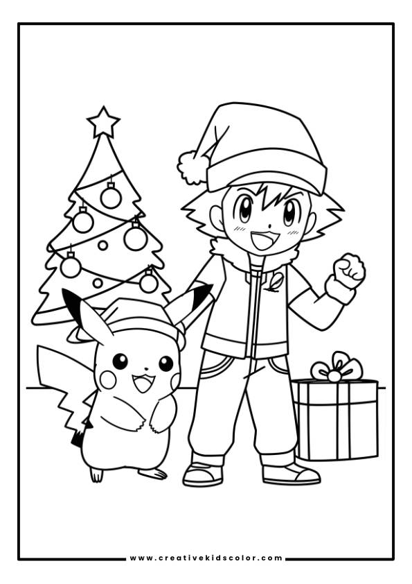 Pokémon Ausmalbild Mit Einem Jungen Und Pikachu, Beide Mit Weihnachtsmützen, Neben Einem Geschmückten Weihnachtsbaum Mit Geschenken.
