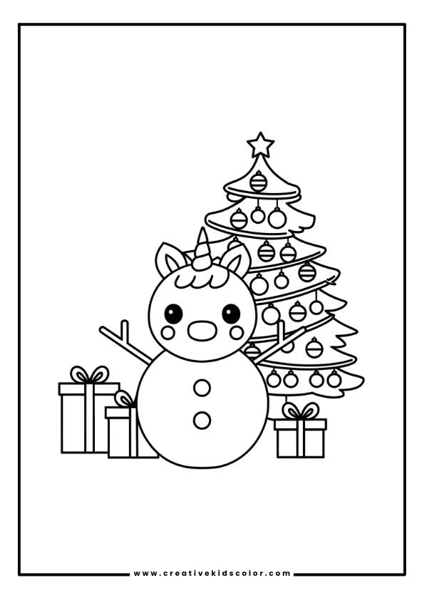 Weihnachts Einhorn Ausmalbild Mit Einem Schneemann Mit Einhorn Horn, Vor Einem Geschmückten Weihnachtsbaum Mit Geschenken.
