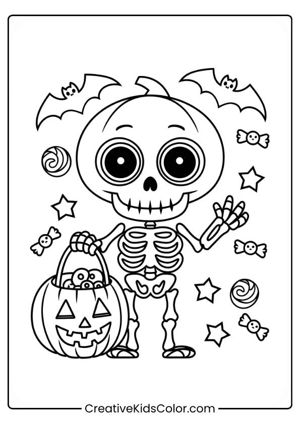 A Cute Skeleton Character Is Holding A Jack-O-Lantern Bucket Filled With Eyeballs. The Skeleton Is Surrounded By Bats, Stars, And Candies, Creating A Fun And Slightly Spooky Halloween Scene. The Simple Lines Make It Ideal For Coloring.
