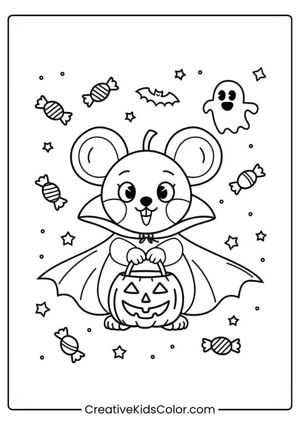 A Cheerful Mouse Dressed As A Vampire Is Holding A Jack-O-Lantern. Around The Mouse, There Are Candies, Stars, A Bat, And A Friendly Ghost, Creating A Fun Halloween Scene. The Simple Lines Make It Easy To Color, Perfect For A Playful Halloween-Themed Coloring Page.