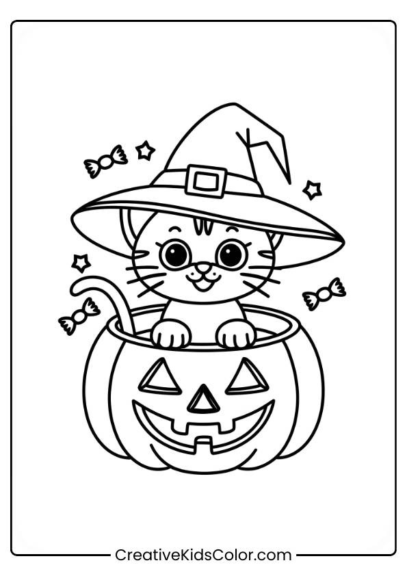 A Cute Kitten Is Sitting Inside A Jack-O-Lantern, Wearing A Witch Hat. Around The Kitten Are Small Candies And Stars, Adding A Playful Halloween Vibe. The Clear, Simple Lines Make It A Perfect Design For Coloring.