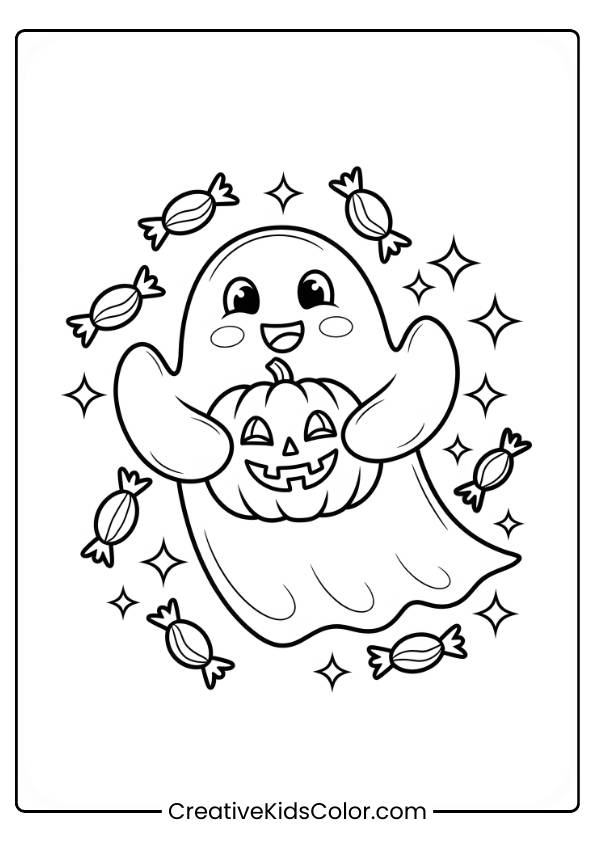 A cheerful ghost is holding a jack-o-lantern and smiling brightly. Surrounding it are candies and sparkles, adding to the playful Halloween theme. The simple, bold lines make it an ideal design for coloring.