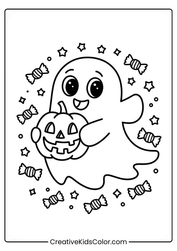 A Cute Ghost Is Holding A Jack-O-Lantern With A Happy Expression. Surrounding It Are Stars And Candies, Creating A Playful Halloween Scene. The Simple, Clear Lines Make It Perfect For Coloring.