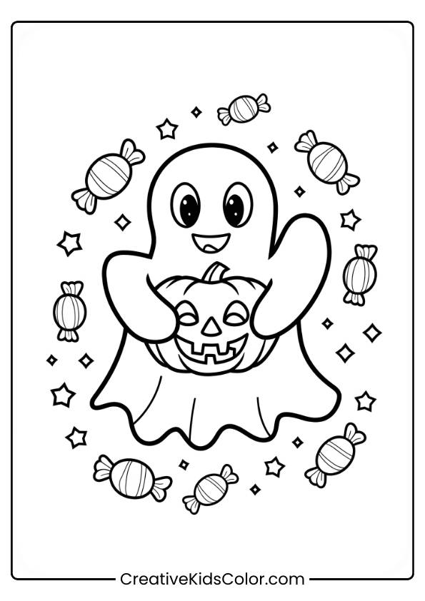 A Cute Ghost Is Happily Holding A Jack-O-Lantern. Surrounding It Are Stars And Candies, Creating A Fun Halloween Atmosphere. The Lines Are Simple And Clear, Making It Ideal For Coloring.