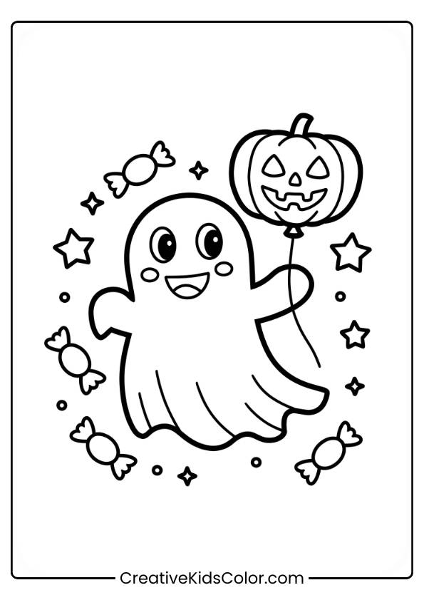 A Happy Ghost Is Holding A Jack-O-Lantern Balloon While Surrounded By Candies And Stars. The Simple Design And Clear Lines Make It A Fun And Easy Halloween-Themed Coloring Page, Perfect For Children.