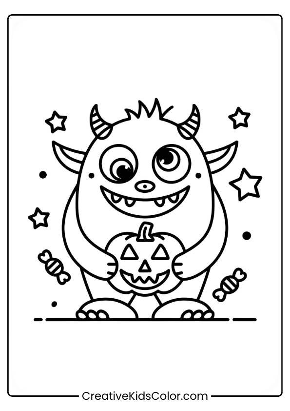 A Cute Monster With Horns Is Holding A Jack-O-Lantern, Smiling Mischievously. Stars And Candies Surround The Monster, Adding To The Playful Halloween Vibe. The Simple Lines Make It Perfect For A Fun And Easy Coloring Activity.