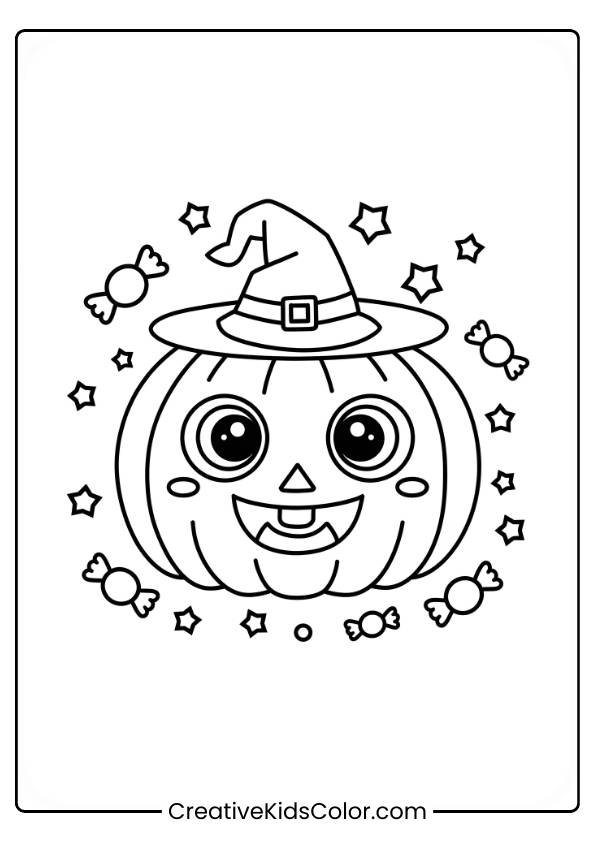 A Happy Jack-O-Lantern Is Wearing A Witch Hat And Surrounded By Stars And Candies. The Cheerful Expression And Playful Elements Create A Fun Halloween Scene, With Simple Lines Making It Perfect For Coloring.