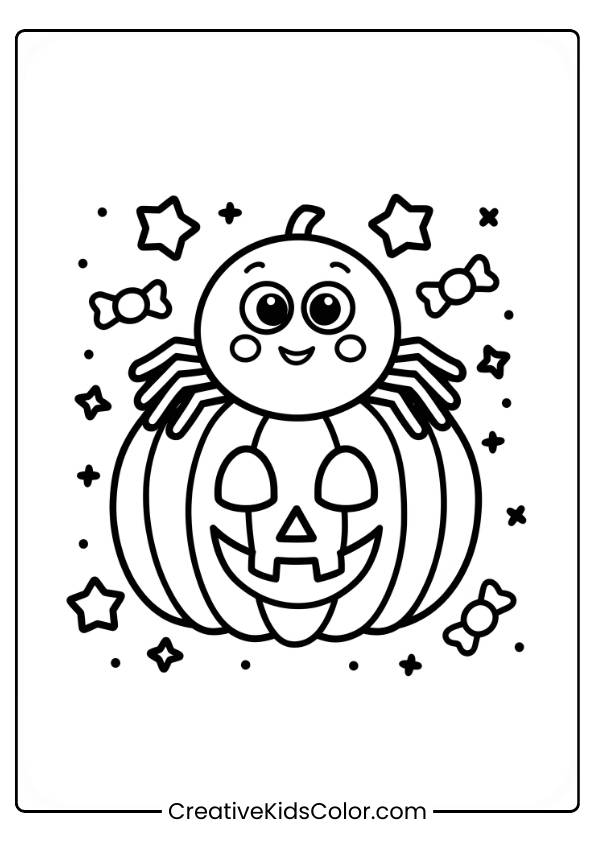 A Cute Spider With A Smiling Face Is Sitting On Top Of A Jack-O-Lantern. The Scene Is Surrounded By Stars And Candies, Creating A Playful Halloween Atmosphere. The Simple And Clear Lines Make It Ideal For Coloring.