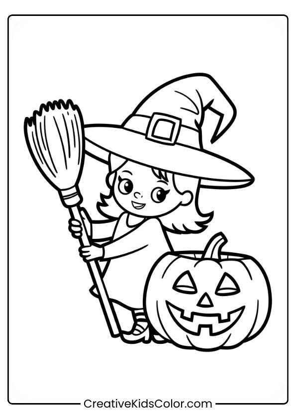 A Cute Witch Is Holding A Broom While Standing Next To A Smiling Jack-O-Lantern. The Witch Is Wearing A Large Hat With A Buckle, And Her Expression Is Cheerful, Creating A Playful Halloween Scene. The Simple Lines Make It Ideal For Coloring.
