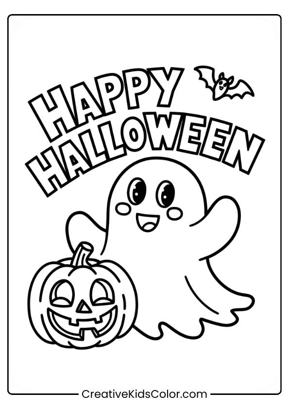 A Cheerful Ghost Stands Next To A Smiling Jack-O-Lantern With The Words &Quot;Happy Halloween&Quot; Written Above. A Small Bat Flies Near The Text, Adding A Fun Touch To The Festive Scene. The Simple, Bold Lines Make It Perfect For Coloring.