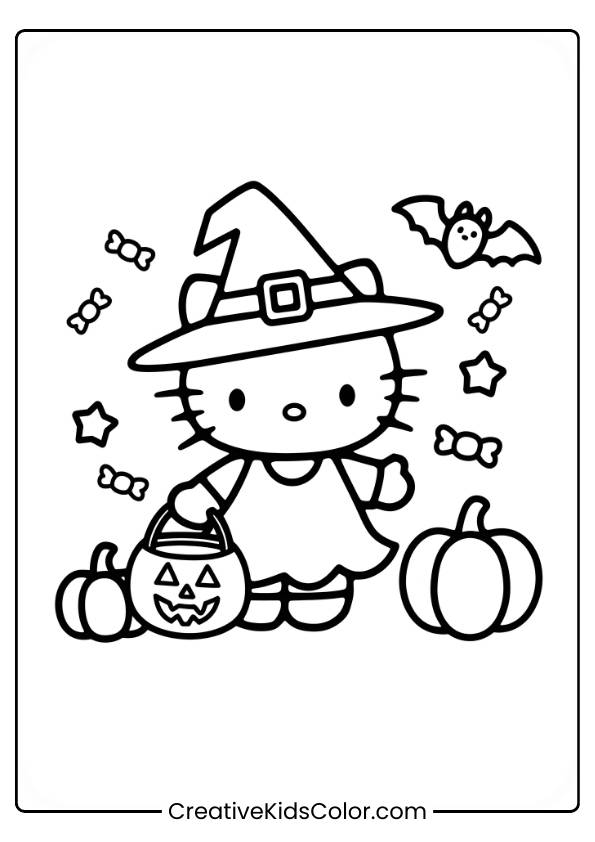 In This Image, Hello Kitty Is Dressed As A Witch, Wearing A Large Witch Hat And Holding A Jack-O-Lantern Bucket. She Is Surrounded By Pumpkins, Candies, Stars, And A Bat, Creating A Playful And Festive Halloween Scene. The Simple Lines Make It Perfect For Coloring.