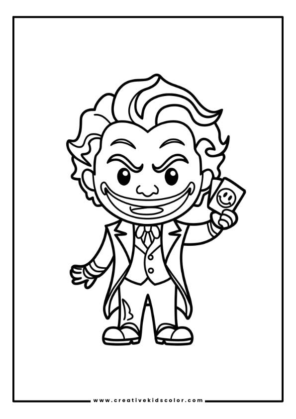 A Cartoonish Version Of The Joker Holding A Smiling Card, With Wavy Hair And A Wide Grin, Set In A Simple, Monochromatic Background.
