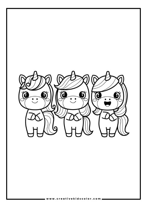 Süßes Kawaii Einhorn Ausmalbild Mit Drei Einhörnern Mit Verschiedenen Frisuren Und Gesichtsausdrücken.
