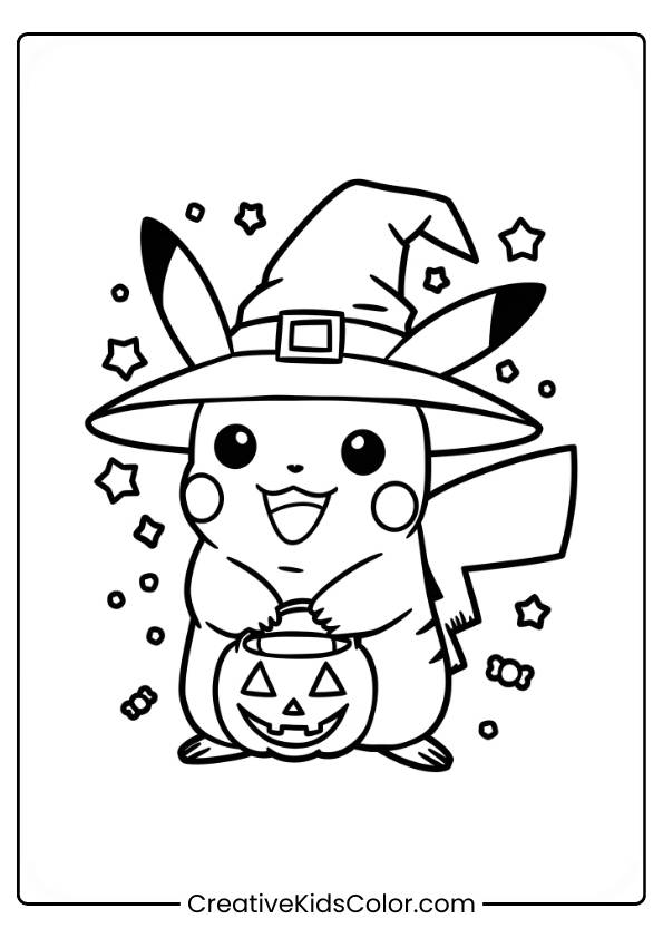 Pikachu Is Wearing A Witch Hat And Holding A Jack-O-Lantern Bucket, Smiling Happily. Stars And Candies Surround Pikachu, Creating A Festive Halloween Atmosphere. The Simple Lines Make It Perfect For A Fun And Easy Coloring Activity.