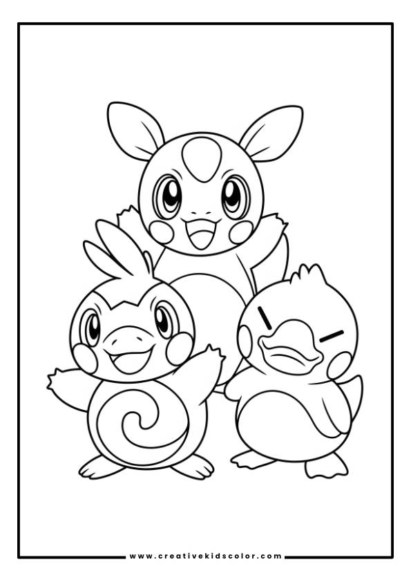 Pokémon Ausmalbild Mit Drei Niedlichen Pokémon: Einem Kleinen Vogel, Einer Hasenartigen Kreatur Und Einer Rundlichen Ente.
