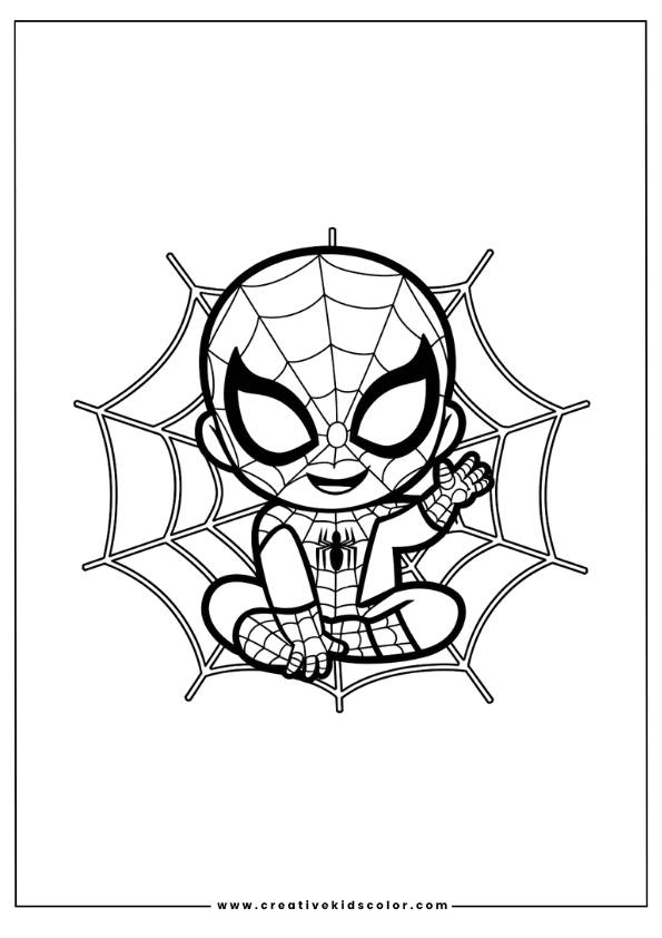 Spiderman Ausmalbild Mit Einem Niedlichen Baby Spiderman, Der In Einem Netz Sitzt Und Freundlich Winkt.
