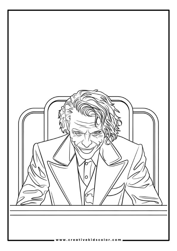 In The Dark Knight Joker Coloring Page, A Detailed Line-Art Depiction Of The Character Reveals A Joker-Like Figure With Disheveled Hair, A Broad Smile, And Sinister Expression. He Sits Behind A Desk In A Suit And Tie, With The Simple Background Directing Focus On His Intricate Details.