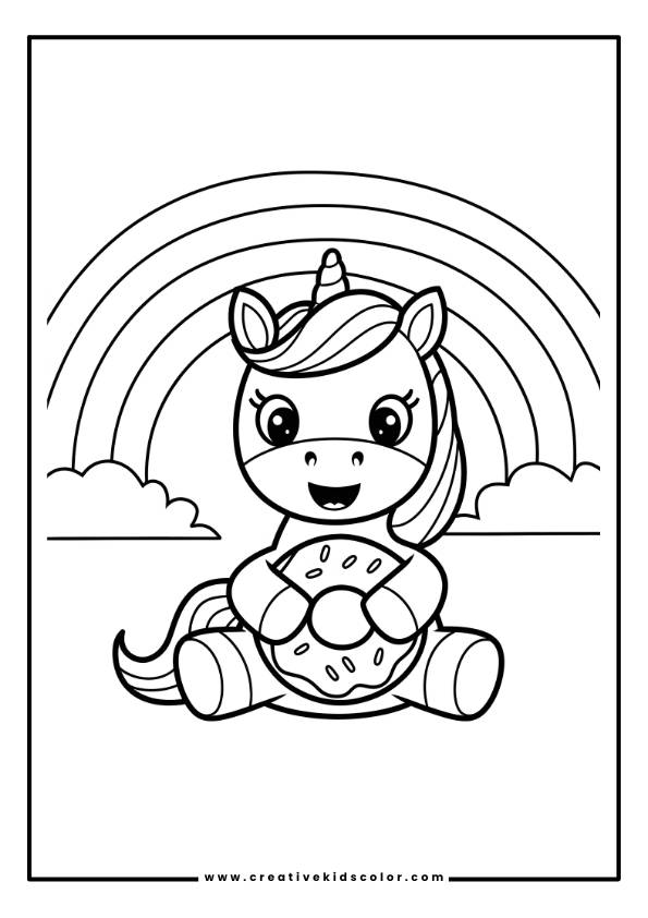 Einhorn Ausmalbild Mit Einem Einhorn, Das Einen Donut Mit Streuseln Hält, Mit Einem Regenbogen Im Hintergrund.
