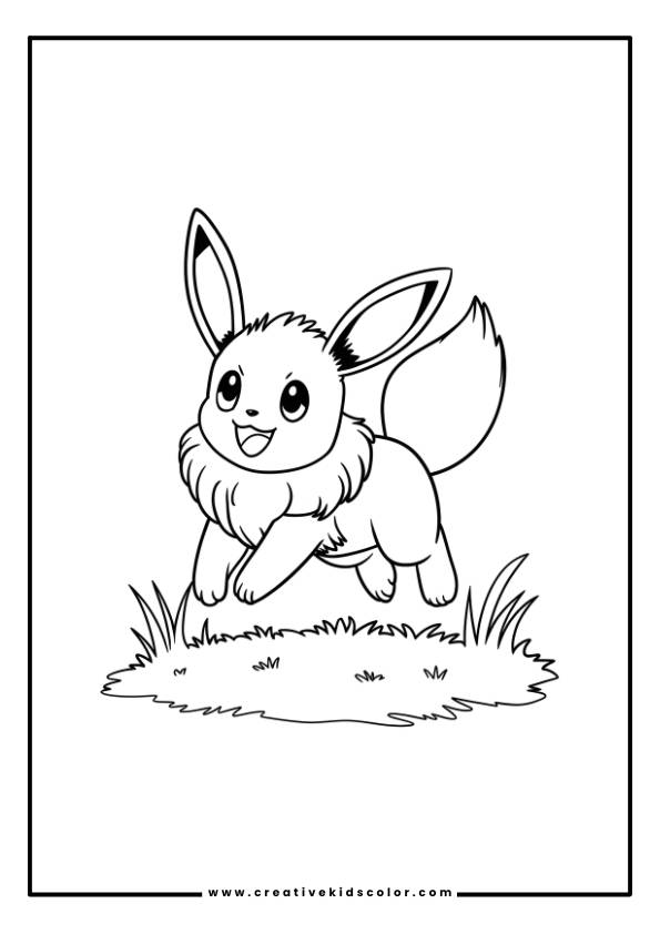 Pokémon Ausmalbild Mit Evoli, Das Über Gras Springt, Mit Großen Augen Und Buschigem Schweif.
