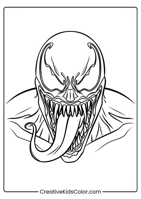 This &Quot;Venom Face Coloring Page&Quot; Features A Close-Up Of Venom'S Menacing Face, Emphasizing His Sharp Teeth, Wide Mouth, And Extended Tongue. The Detailed Line Art Brings Out The Fierce And Intimidating Expression, Perfect For Fans To Add Their Own Creative Flair To This Iconic Character.