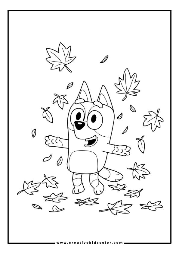 Bluey Herbst Ausmalbild Mit Buntem Laub, Durch Das Bluey Fröhlich Springt.
