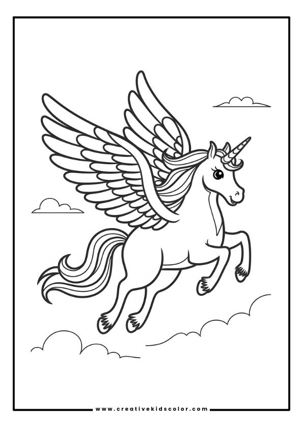 Einhorn Ausmalbild Mit Einem Einhorn Mit Flügeln, Das Durch Den Himmel Schwebt, Mit Wolken Im Hintergrund.
