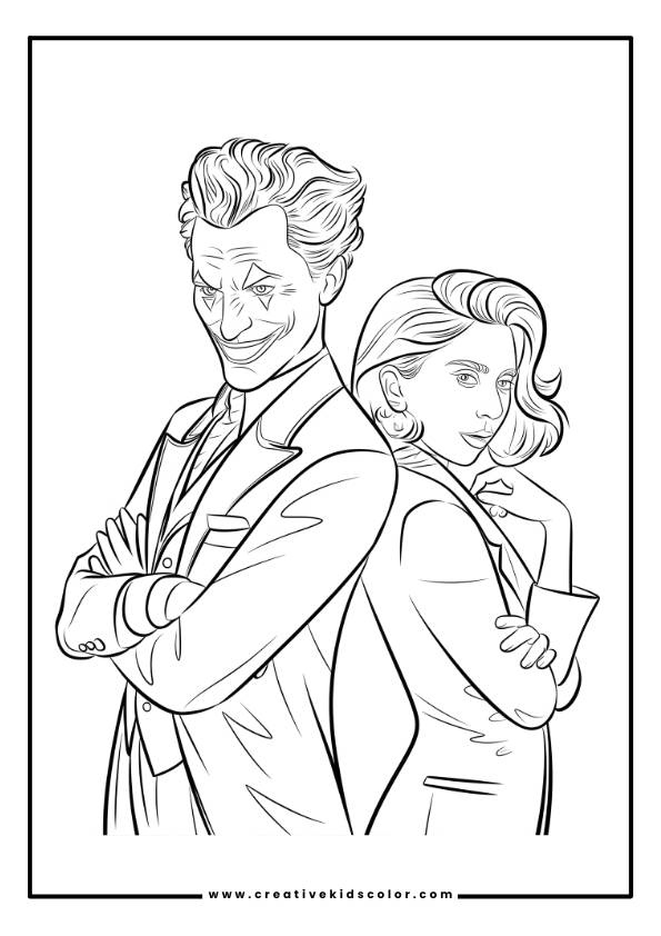 Two Characters Stand Side By Side In This Folie À Deux Joker Coloring Page. The Male Figure, With His Joker-Like Appearance, Wears A Wide Grin, Exaggerated Eyes, And Disheveled Hair, Dressed In A Formal Suit. The Female Figure Has Wavy Hair And A Poised Stance, Wearing A Blazer And Exuding Confidence. A Plain Background Emphasizes Their Distinct Features.