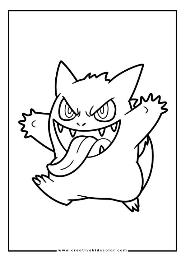 Pokémon Ausmalbild Mit Gengar, Das Breit Grinst, Scharfe Zähne Zeigt Und Verspielte Energie Ausstrahlt.
