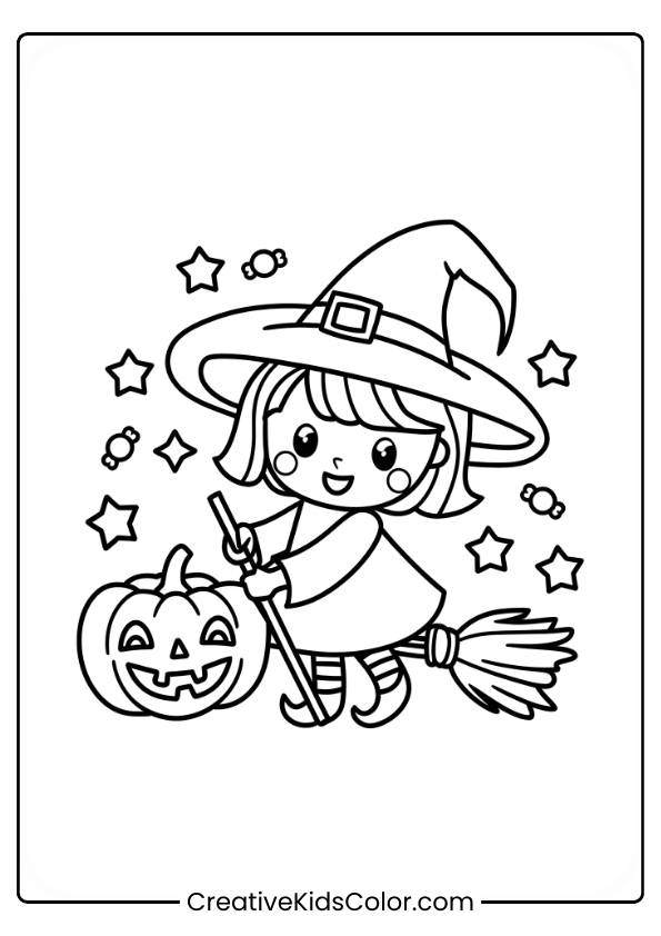 Witch, A Cheerful Little Girl Dressed As A Witch, Is Holding A Broom Next To A Smiling Jack-O-Lantern. Stars And Candies Surround Her, Creating A Playful And Festive Halloween Scene. The Simple Lines Make It Ideal For Coloring.