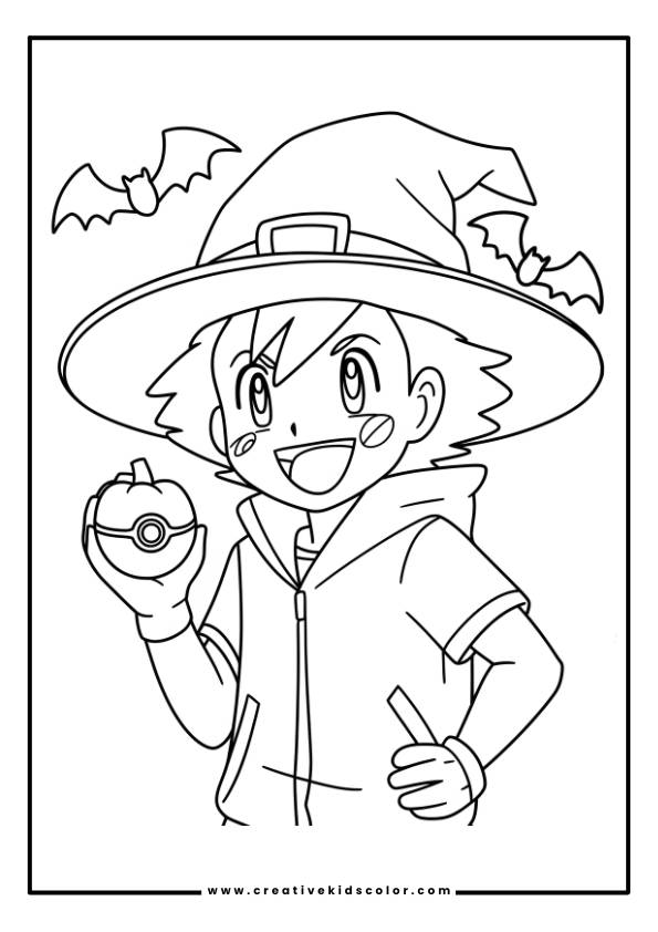 Pokémon Ausmalbild Mit Einem Jungen Mit Breitkrempigem Hut, Der Einen Ball Mit Einem Auge Hält, Während Fledermäuse Über Ihm Fliegen.
