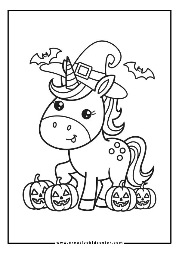 Einhorn Ausmalbild Mit Einem Einhorn Mit Hexenhut, Umgeben Von Geschnitzten Kürbissen Und Fliegenden Fledermäusen.
