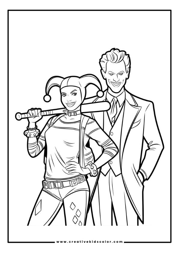 A Playful Encounter Is Depicted In This Harley Quinn And Joker Coloring Page. On The Left, Harley Quinn Is Seen In Her Jester Outfit, Holding A Bat With A Mischievous Grin, While The Joker Stands Beside Her, Smirking In A Formal Suit. Their Animated Poses Bring The Characters' Energy To Life.