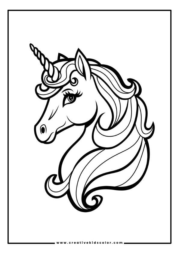 Einhorn Ausmalbild Mit Einem Detaillierten Einhornkopf Mit Auffälligem Horn Und Fließender Mähne, Das Feine Strukturen Betont.
