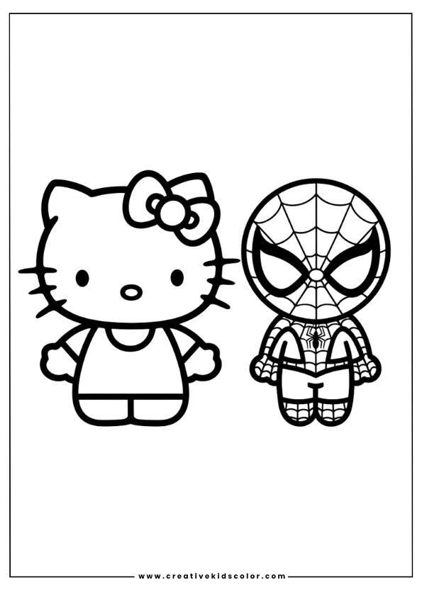 Spiderman Ausmalbild Mit Hello Kitty Und Spiderman, Die Nebeneinander In Ihren Klassischen Looks Stehen.
