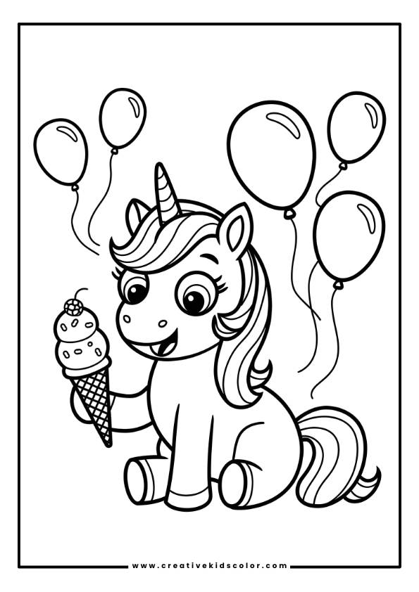 Einhorn Ausmalbild Mit Einem Einhorn, Das Eine Eiswaffel Hält, Umgeben Von Luftballons, In Einem Einfachen Monochromen Design.
