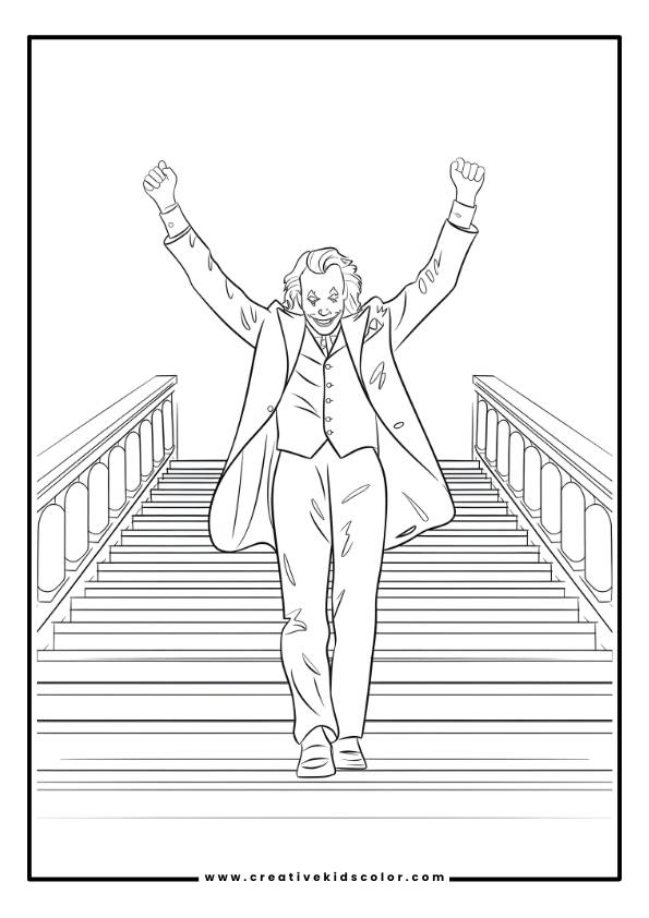 In This Joaquin Phoenix Joker Coloring Page, The Figure Is Dressed In A Formal Suit With A Long Coat And Theatrical Makeup Reminiscent Of A Clown. He Stands Atop A Set Of Stairs, Raising His Fists In Triumph. The Dramatic Pose And The Contrast Between The Figure And The Stark Background Command Attention.
