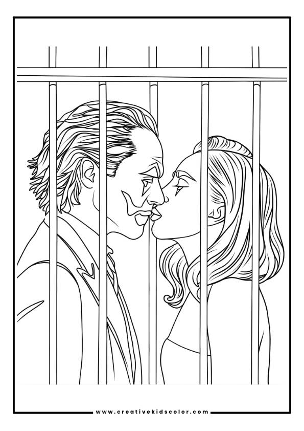 This Joker 2 Coloring Page Features A Monochromatic Depiction Of A Man And A Woman Sharing A Kiss. The Man, Sporting Clown-Like Makeup With Exaggerated Facial Features, And The Serene-Looking Woman Are Placed Behind Vertical Bars, Evoking A Sense Of Confinement Amidst Their Romantic Interaction.