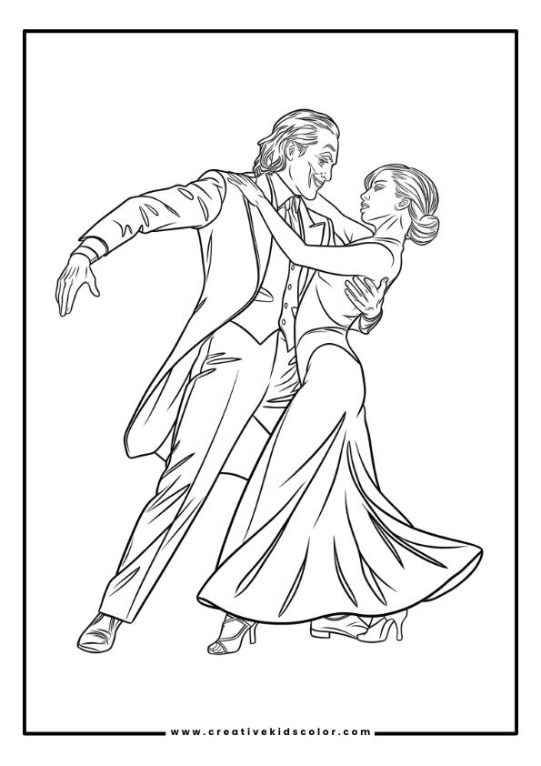 A Man And A Woman In A Passionate Dance Embrace Are Captured In This Lady Gaga And Joaquin Phoenix Coloring Page. The Man, With Long Hair And Expressive Features, Wears A Suit, While The Woman, With Her Hair Tied Up, Dons A Flowing Dress. Their Synchronized Pose And The Swirling Motion Of The Woman'S Dress Bring Energy To This Black-And-White Illustration.