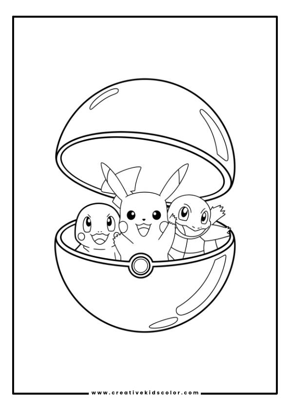 Pokémon Ausmalbild Mit Drei Legendären Pokémon, Die Aus Einem Geöffneten Pokéball Hervorkommen.
