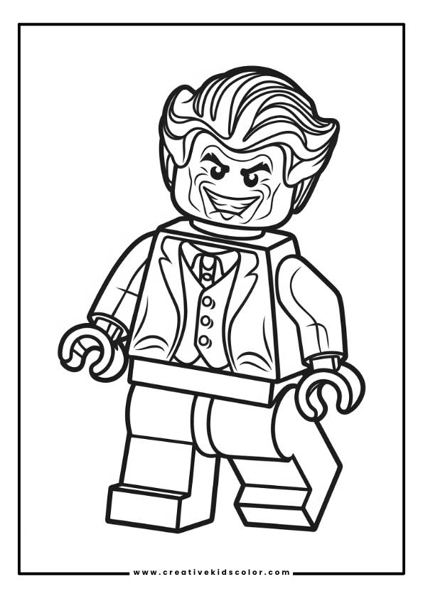 The Joker Lego Coloring Page Portrays A Lego Version Of The Famous Character, Complete With Wavy Hair, A Slick Suit, And A Wide, Painted Smile. The Figure Stands Upright With Both Hands By His Sides, Showcasing The Playful Nature Of This Unique Representation.