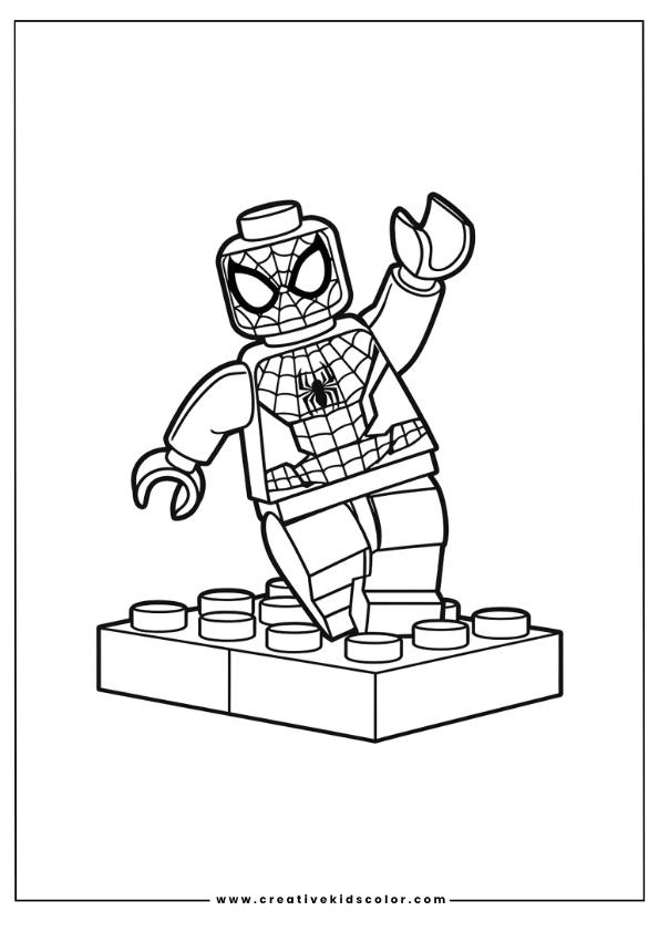 Spiderman Ausmalbild Mit Lego Spiderman, Der Auf Einem Baustein Steht Und Eine Hand Hebt, Um Sich Am Netz Zu Schwingen.
