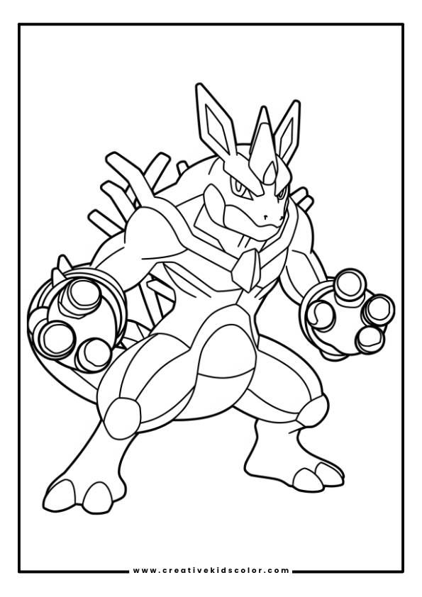Pokémon Ausmalbild Mit Lucario In Einer Kraftvollen Kampfpose, Mit Sphärischen Objekten Auf Seinen Händen.
