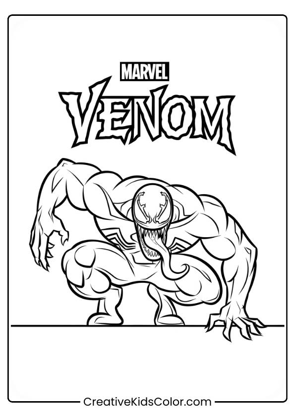 This &Quot;Marvel Venom Coloring Page&Quot; Features Venom In A Dynamic Crouching Pose, Ready To Strike. His Muscular Build And Iconic Sharp Teeth, Along With The Signature Extended Tongue, Are Prominently Displayed. The Bold &Quot;Venom&Quot; Logo At The Top Completes The Marvel-Themed Design. This Page Captures The Essence Of Venom’s Menacing And Powerful Presence, Making It Perfect For Fans To Add Their Creative Colors To This Iconic Character.