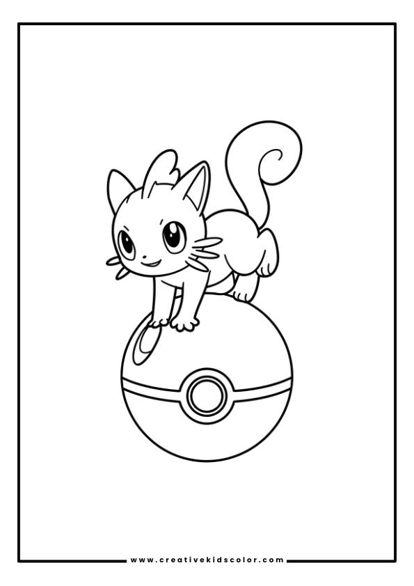 Pokémon Ausmalbild Mit Mew, Das Spielerisch Auf Einem Pokéball Steht.
