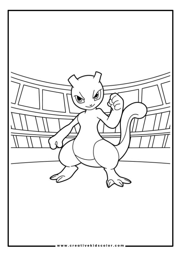 Pokémon Ausmalbild Mit Mewtu In Einer Kraftvollen Kampfhaltung In Einer Arenaähnlichen Umgebung.
